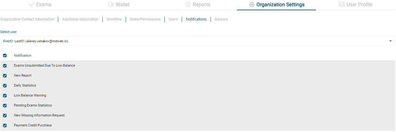 In the drop-down list, select the user and specify the necessary notifications