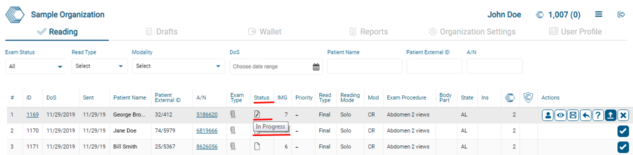 The exam change its status from New to In progress
