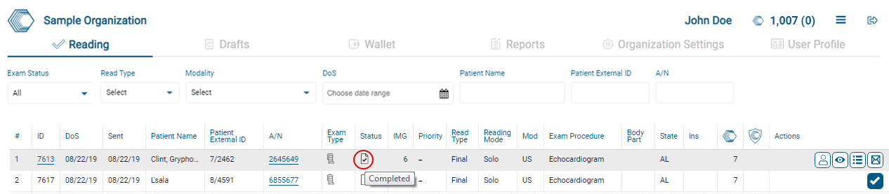 The exam will change the status on the Completed