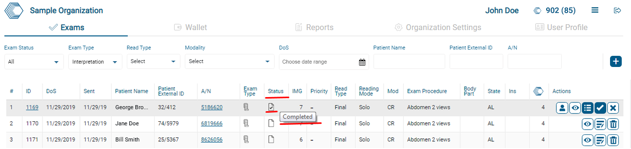 The status of the exam will be Completed