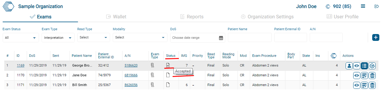 The exam will change the status to Accepted