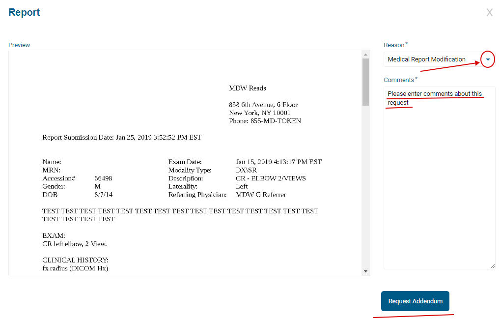 Fill the form and click on the Request Addendum button