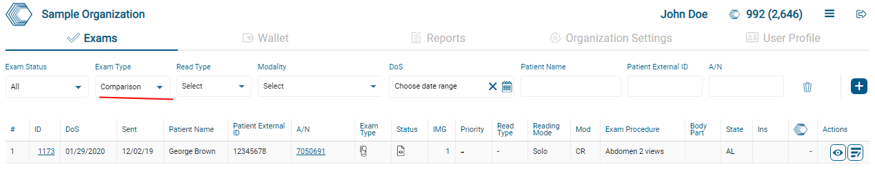 Open filter as Exam Type specify Comparison