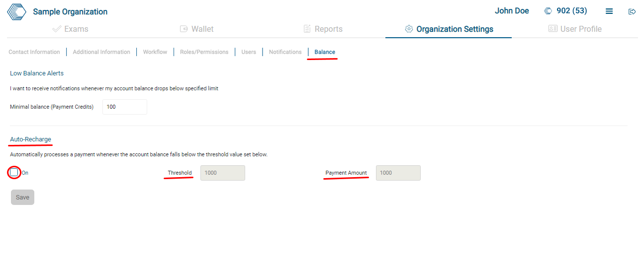 The autorecharge balance setting